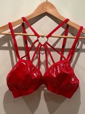 Dolls Kill Sugar Thrillz red pleather strappy bra with silver heart, size M